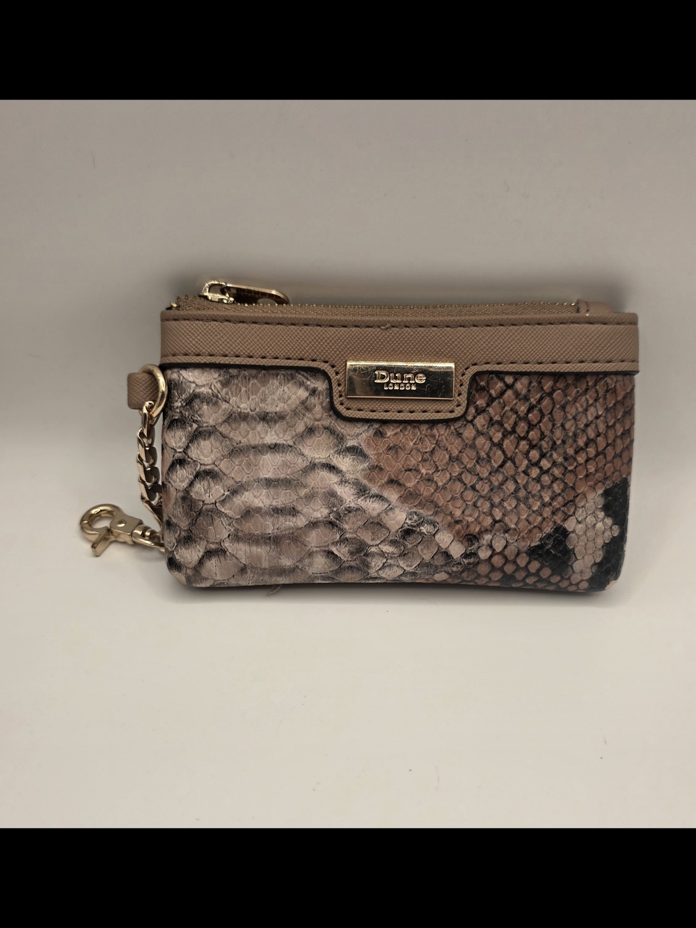 Dune London Taupe and Brown Snake-Print Wristlet